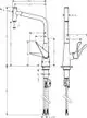 Küchenmischer mit einem Ausziehauslauf von Hansgrohe, zeigt schematische Ansichten und Maße für Installation und Nutzung. Design in Chrom, mit Hebel zur Temperatur- und Mengenregelung.